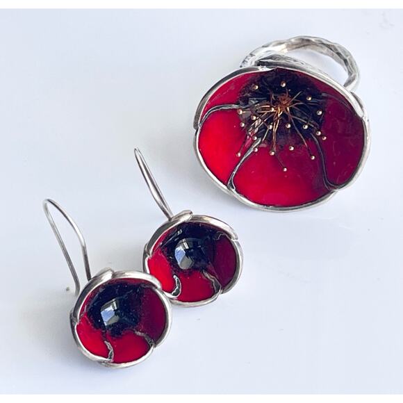 Red Poppy Flower RING & EARRINGS Set 925 Sterling Silver Adjustable Size - Picture 8 of 14